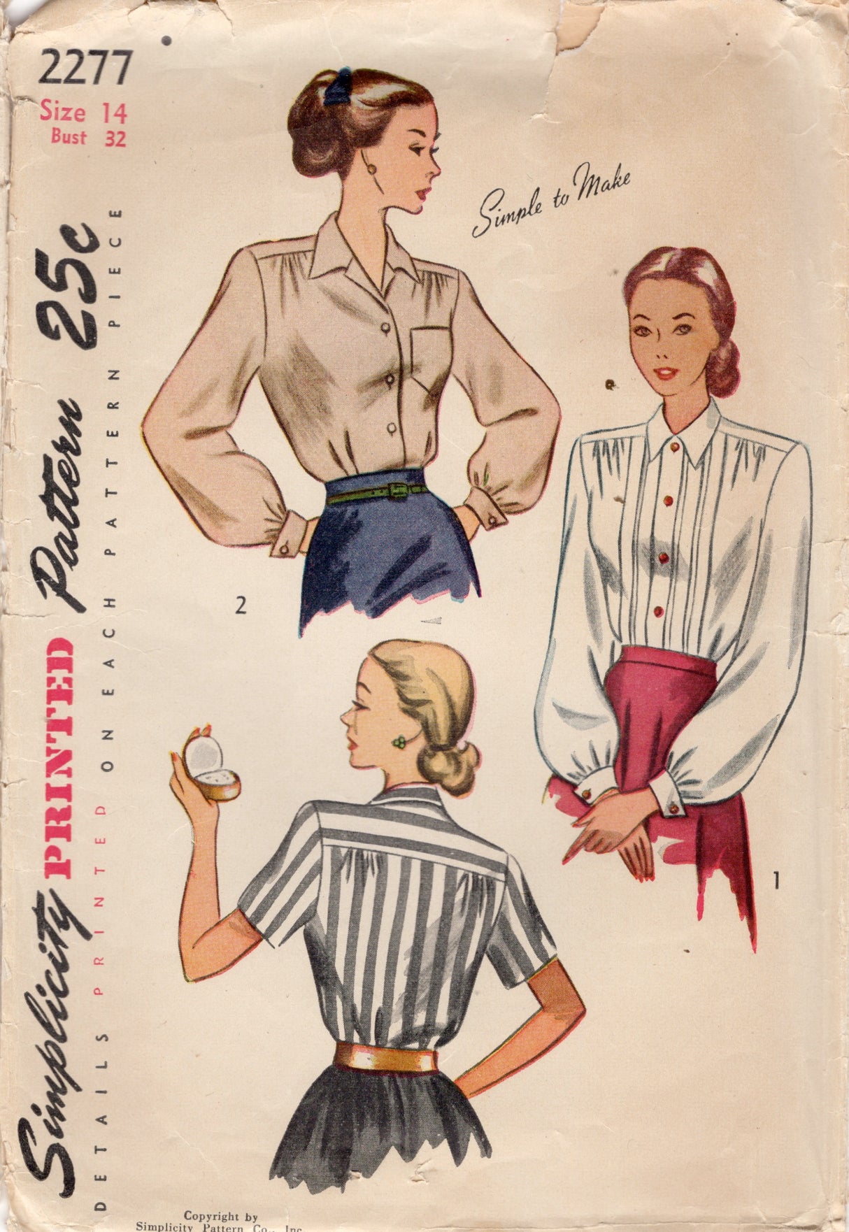 1940's Simplicity Blouse with pin-tucked front and Two Sleeve lengths - Bust 32" - No. 2277