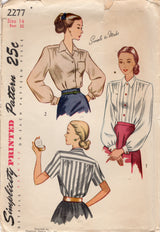 1940's Simplicity Blouse with pin-tucked front and Two Sleeve lengths - Bust 32" - No. 2277