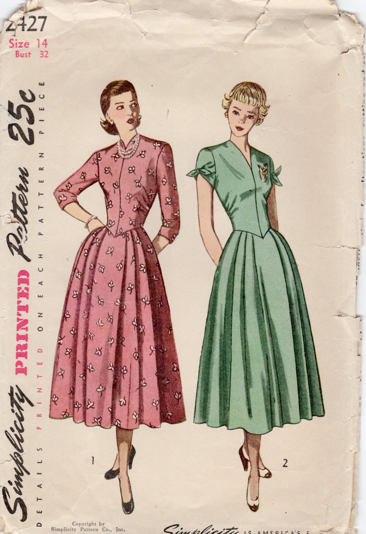 1940's Simplicity Drop Waist Dress Pattern with Short or Long Sleeves - Bust 32" - No. 2427