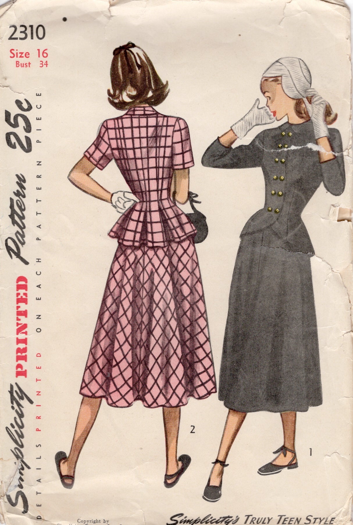 1940's Simplicity Two Piece Dress with Peplum Jacket Pattern - Bust 34" - No. 2310