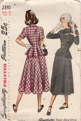 1940's Simplicity Two Piece Dress with Peplum Jacket Pattern - Bust 34" - No. 2310