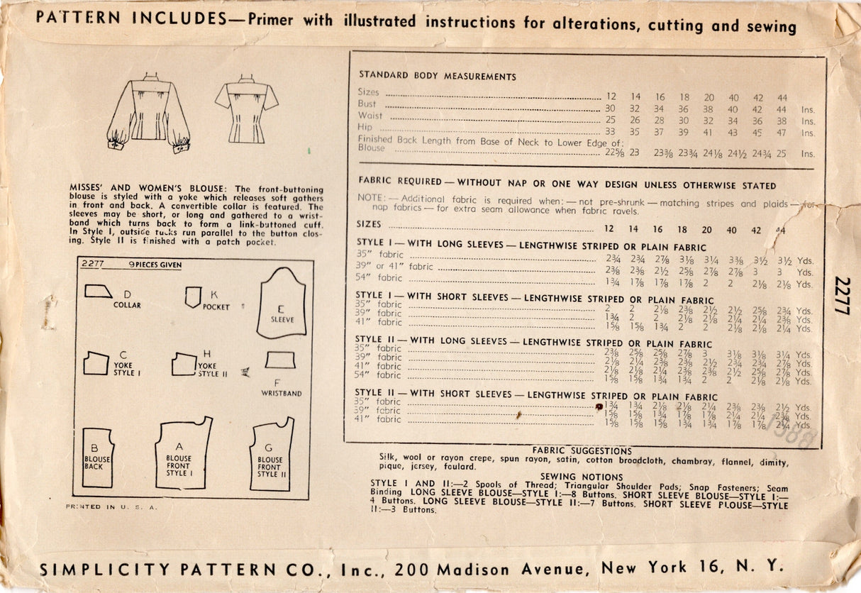 1940's Simplicity Blouse with pin-tucked front and Two Sleeve lengths - Bust 32" - No. 2277