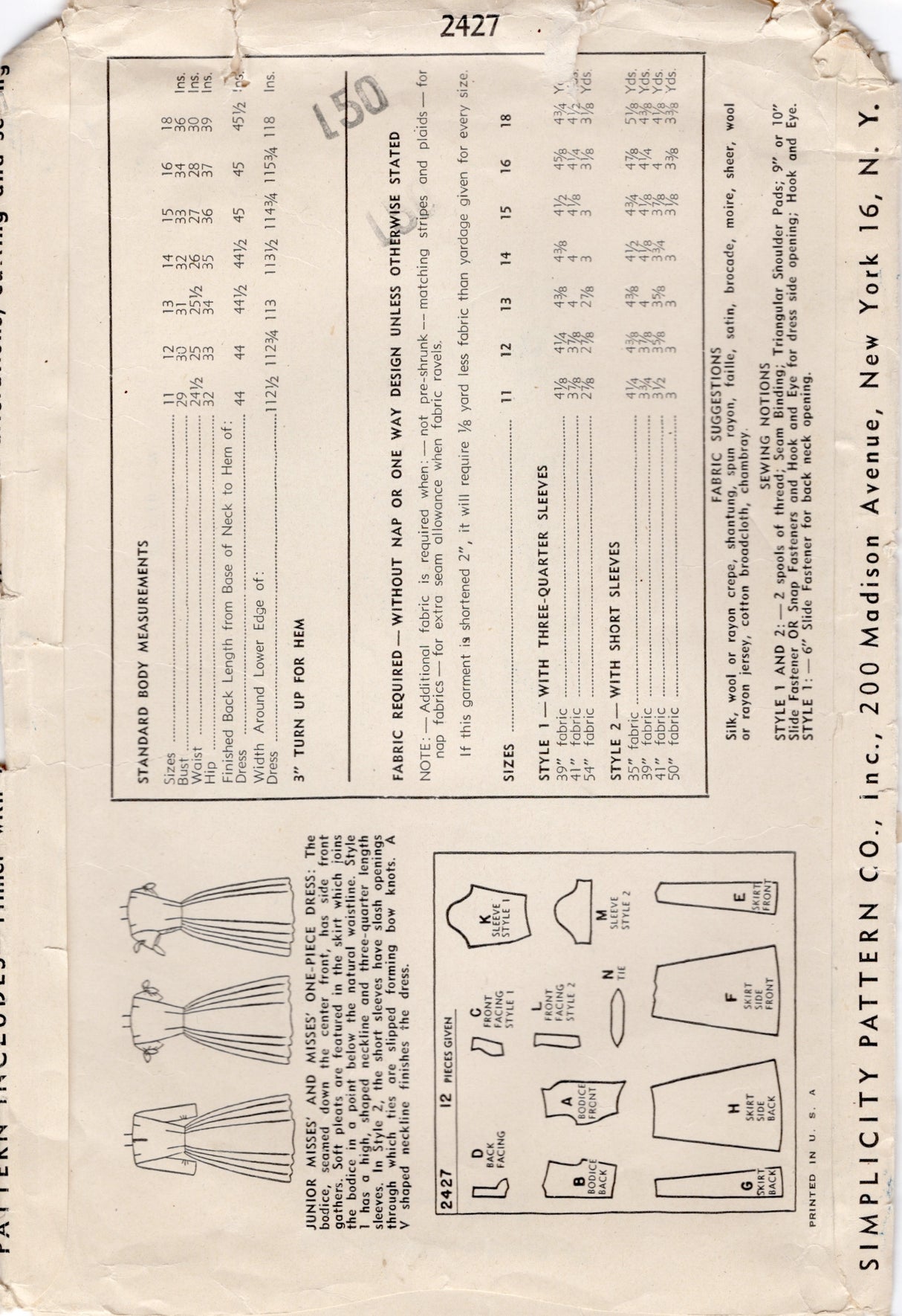 1940's Simplicity Drop Waist Dress Pattern with Short or Long Sleeves - Bust 32" - No. 2427