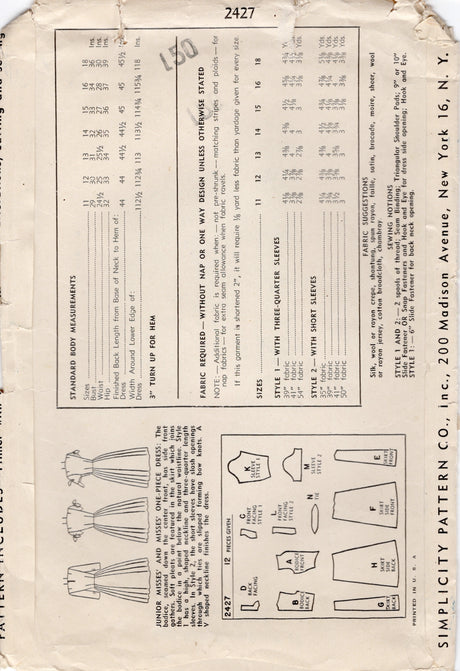 1940's Simplicity Drop Waist Dress Pattern with Short or Long Sleeves - Bust 32" - No. 2427