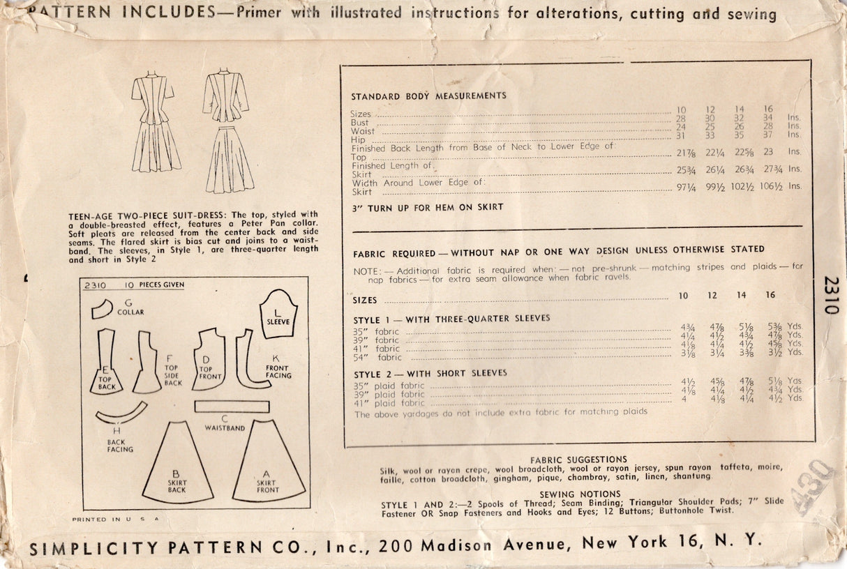 1940's Simplicity Two Piece Dress with Peplum Jacket Pattern - Bust 34" - No. 2310