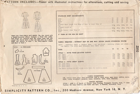 1940's Simplicity Two Piece Dress with Peplum Jacket Pattern - Bust 34" - No. 2310