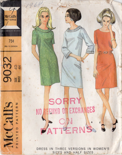 1960's McCall's Boat Neck Sheath Dress with Short or 3/4 Sleeves - Bust 44