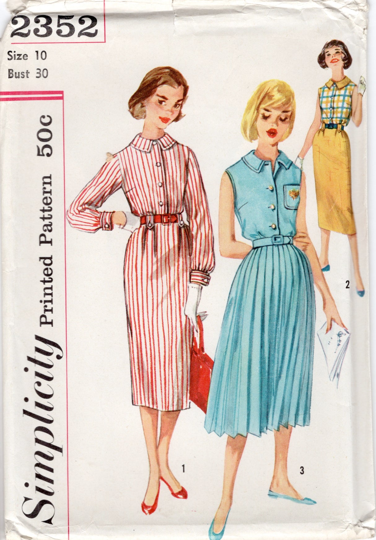 1950's Simplicity One or Two Piece Shirtwaist Dress Pattern with Sheath or Pleated Skirt - Bust 30" - No. 2352