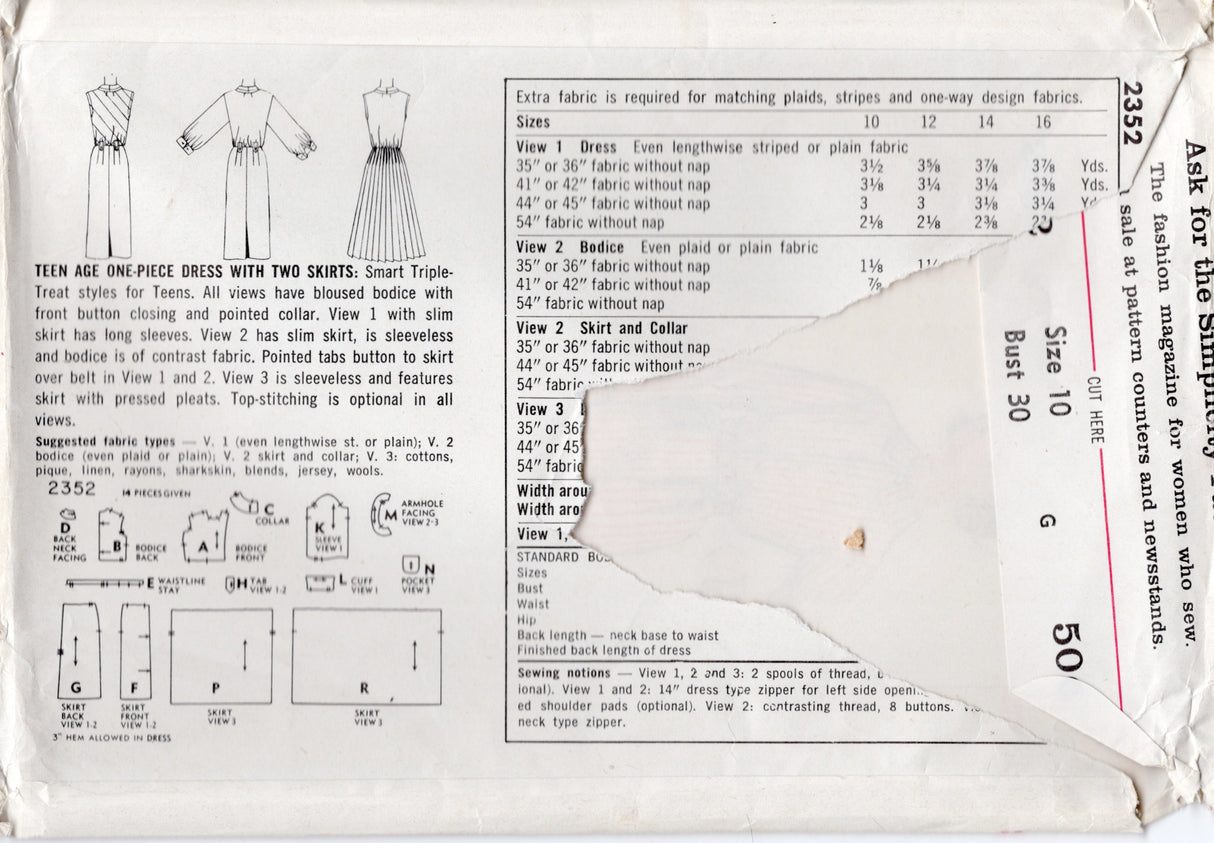 1950's Simplicity One or Two Piece Shirtwaist Dress Pattern with Sheath or Pleated Skirt - Bust 30" - No. 2352