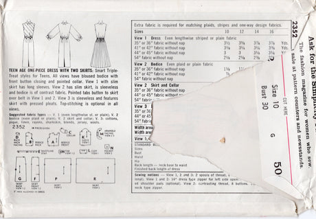 1950's Simplicity One or Two Piece Shirtwaist Dress Pattern with Sheath or Pleated Skirt - Bust 30" - No. 2352