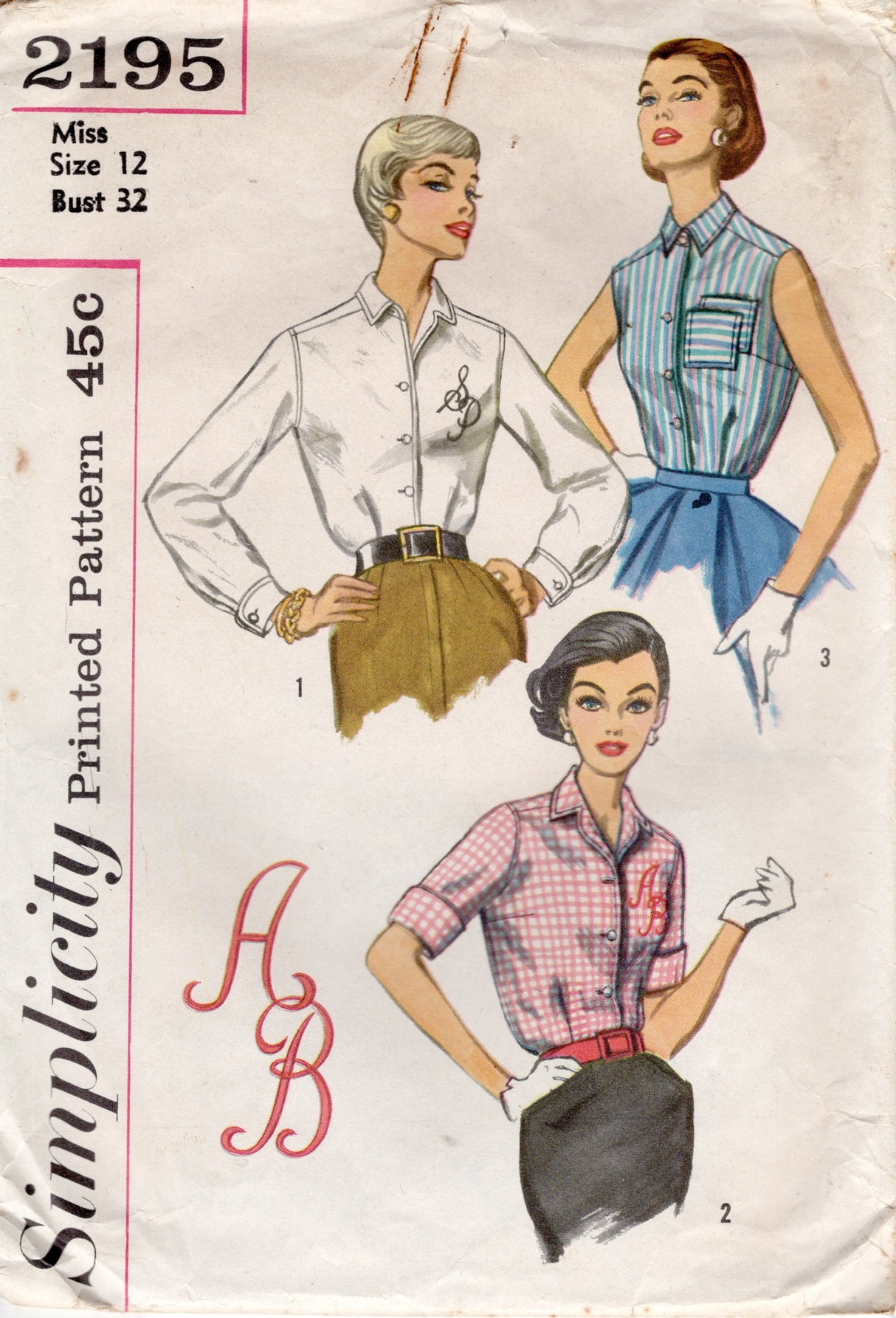 1950's Simplicity Button-Up Shirt Pattern with Double Pockets and Embroidery Transfer - Bust 32" - No. 2195