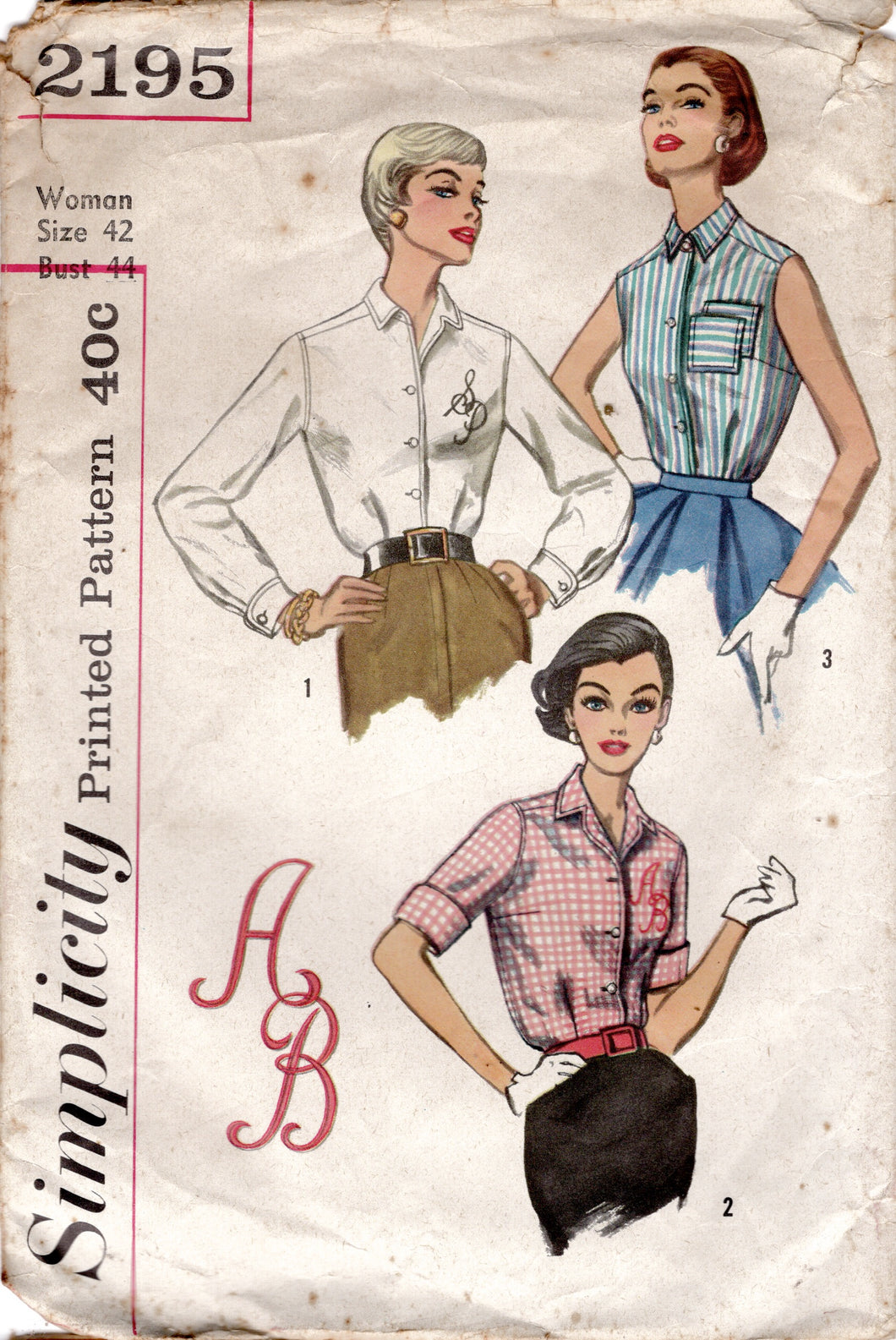 1950's Simplicity Button-Up Shirt Pattern with Double Pockets and Embroidery Transfer - Bust 44