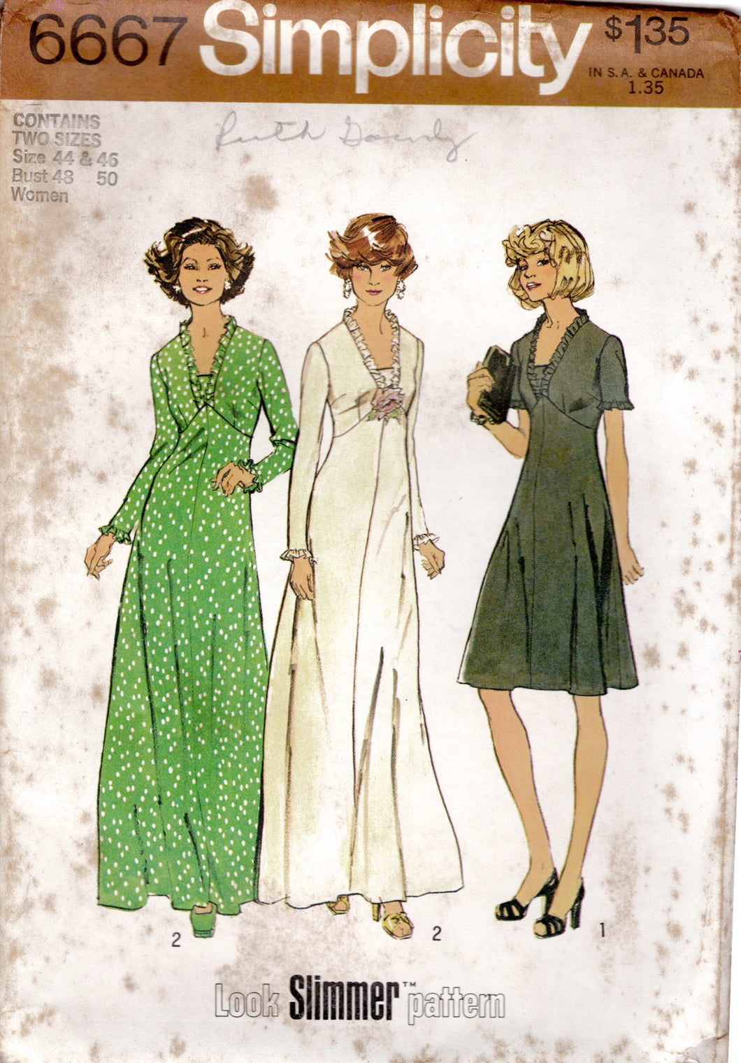 1970's Simplicity Midi or Maxi Dress Pattern with Empire Waist and V Neckline - Bust 48-50