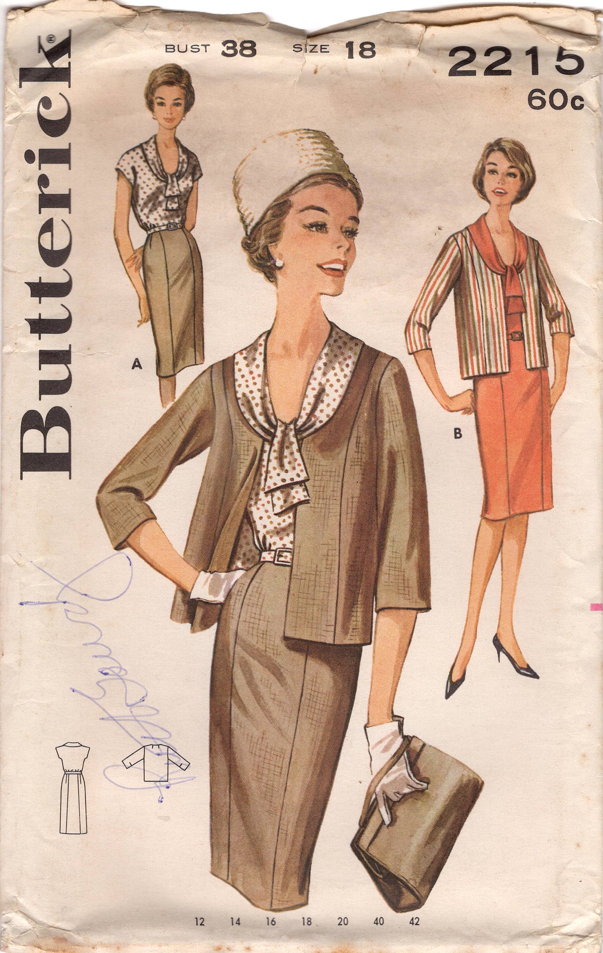 1960's Butterick Slim Dress with Scoop Neckline, and Boxy Jacket Pattern - Bust 38" - No. 2215