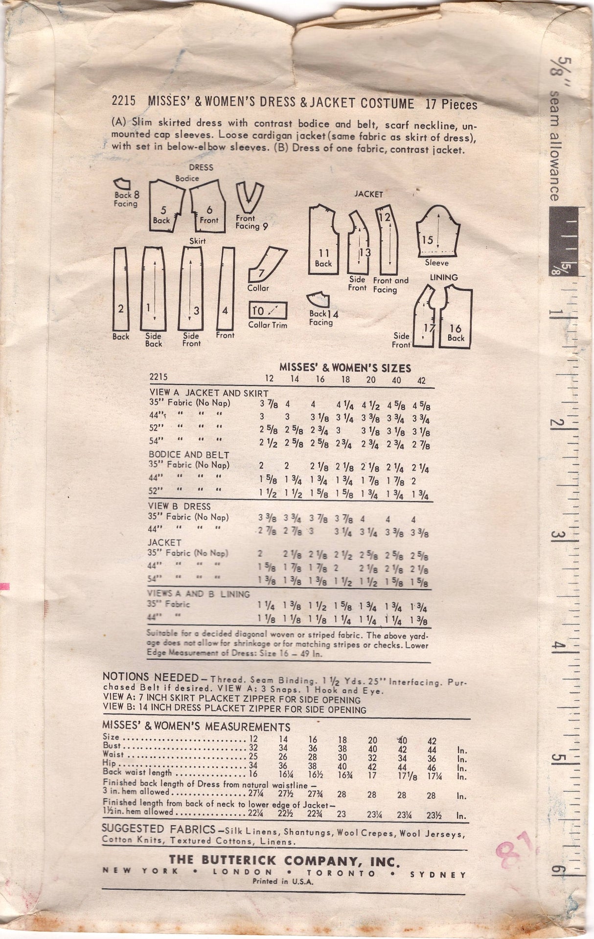 1960's Butterick Slim Dress with Scoop Neckline, and Boxy Jacket Pattern - Bust 38" - No. 2215