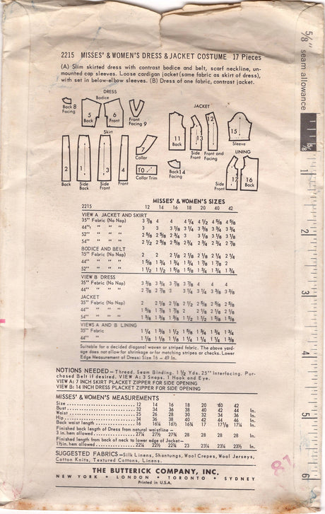 1960's Butterick Slim Dress with Scoop Neckline, and Boxy Jacket Pattern - Bust 38" - No. 2215