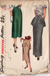 1940's Simplicity Straight Line Skirt Pattern with Tie on Peplum - Waist 26" - No. 2223