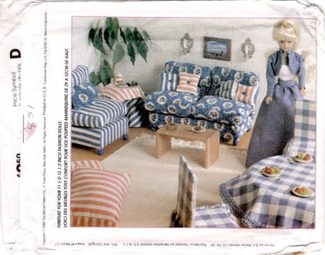 1990's McCall's Doll Furniture pattern - Canopy bed, Chaise, Couch, Chair, Tablecloth- No. 8140