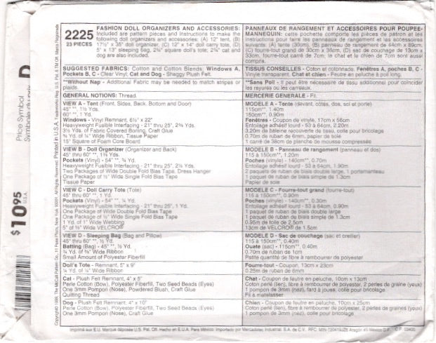 1990's McCall's Doll Organizer and Accessories pattern - Tent, Sleeping Bag, Cat and Dog - No. 2224