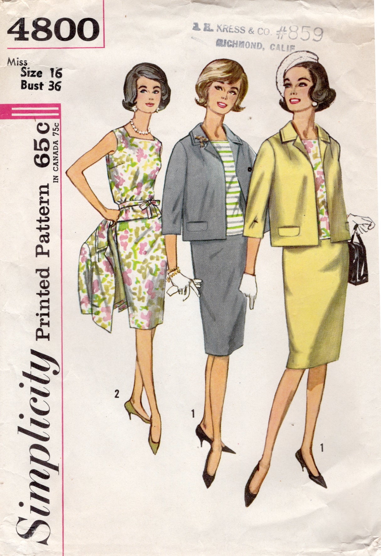1960's Simplicity Two Piece Suit and Dress Pattern - Bust 36" - No. 4800