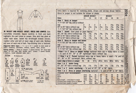 1950's Simplicity Sheath Dress  and Bolero Jacket Pattern - Bust 36" - No. 2236