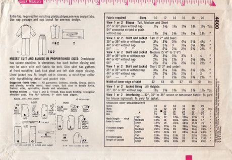 1960's Simplicity Two Piece Suit and Dress Pattern - Bust 36" - No. 4800