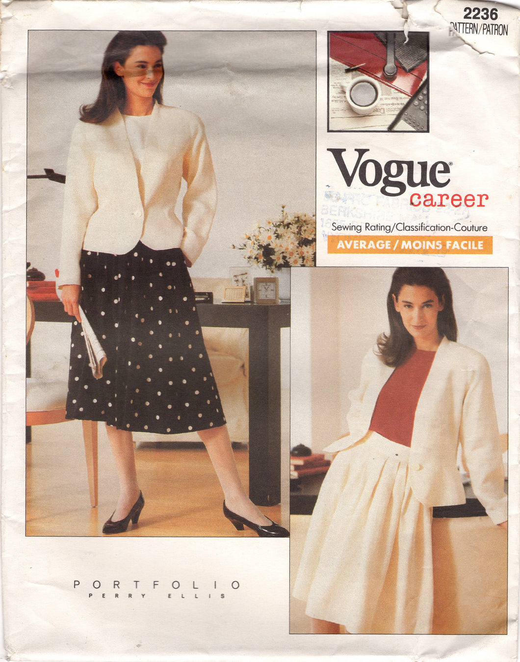 1980's Vogue Career Single Button Jacket and Softly Pleated Skirt Pattern - Bust 34