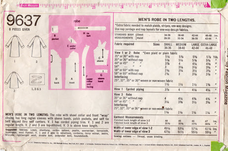 1970's Simplicity Men's Robe Pattern in Two Lengths - Chest 46-48" - No. 9637