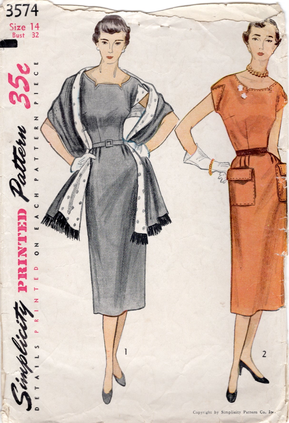 1950's Simplicity Sheath Dress and Stole Pattern with Notched Neckline and Patch Pockets - Bust 32" - No. 3574