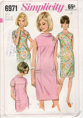 1960's Simplicity Misses' One-Piece Dress with Two Necklines - Bust 34