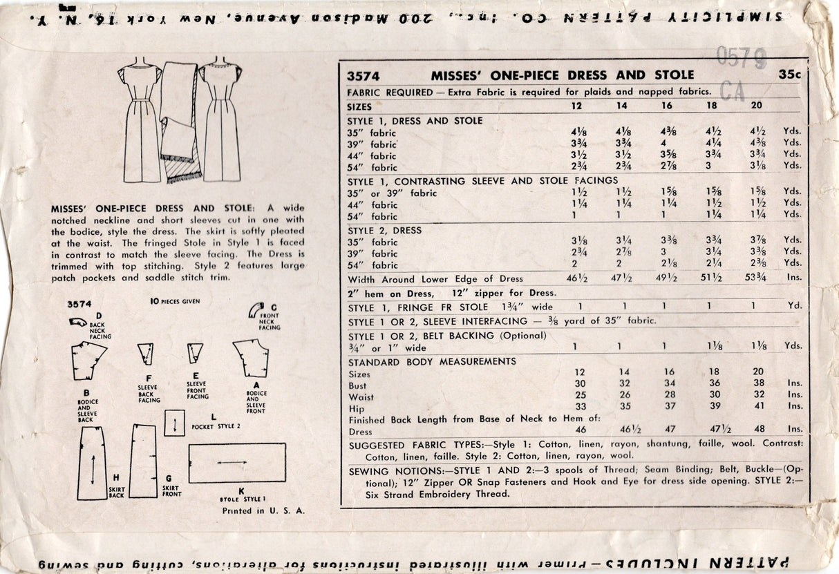 1950's Simplicity Sheath Dress and Stole Pattern with Notched Neckline and Patch Pockets - Bust 32" - No. 3574