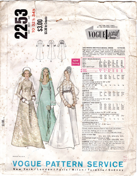 1970's Vogue Bridal Original Empire Waist Wedding Gown Pattern - Bust 32.5" - No. 2253