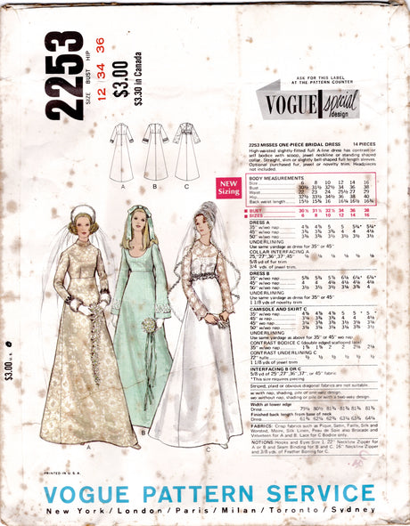 1970's Vogue Bridal Original Empire Waist Wedding Gown Pattern - Bust 34" - No. 2253