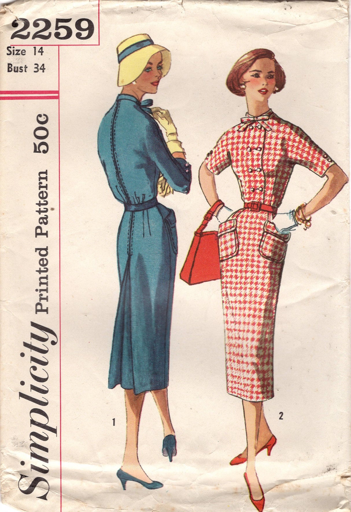 1950's Simplicity Shirtwaist Sheath Dress Pattern with Kickpleat back - Bust 34" - No. 2259