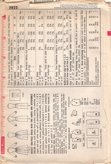 1960's Simplicity Shirtwaist Dress Pattern with Slim or Gathered Skirt - Bust 32" - No. 5822