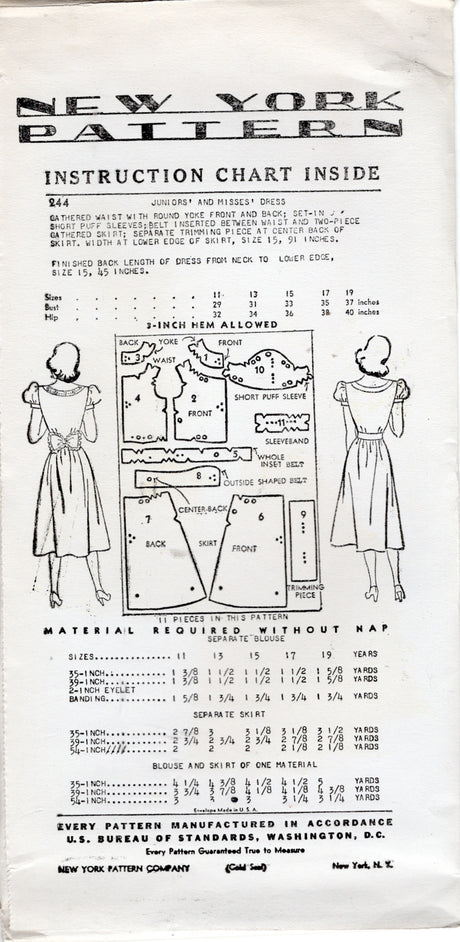 1940's New York Dress Pattern with Yokes and Puff Sleeves - Bust 29-35" - No. 244