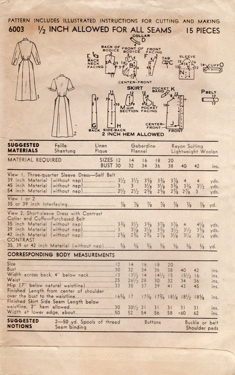 1950's Advance Sheath Dress Pattern with Asymmetrical Bodice - Bust 32" - No. 6003