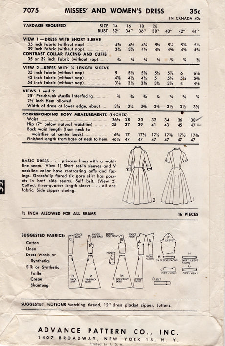 1950's Advance Princess Line Shirtwaist Dress Pattern - Bust 42" - No. 7075