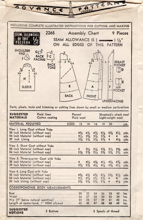 1940's Advance Swing Coat Pattern - Breast 30" - No. 2265