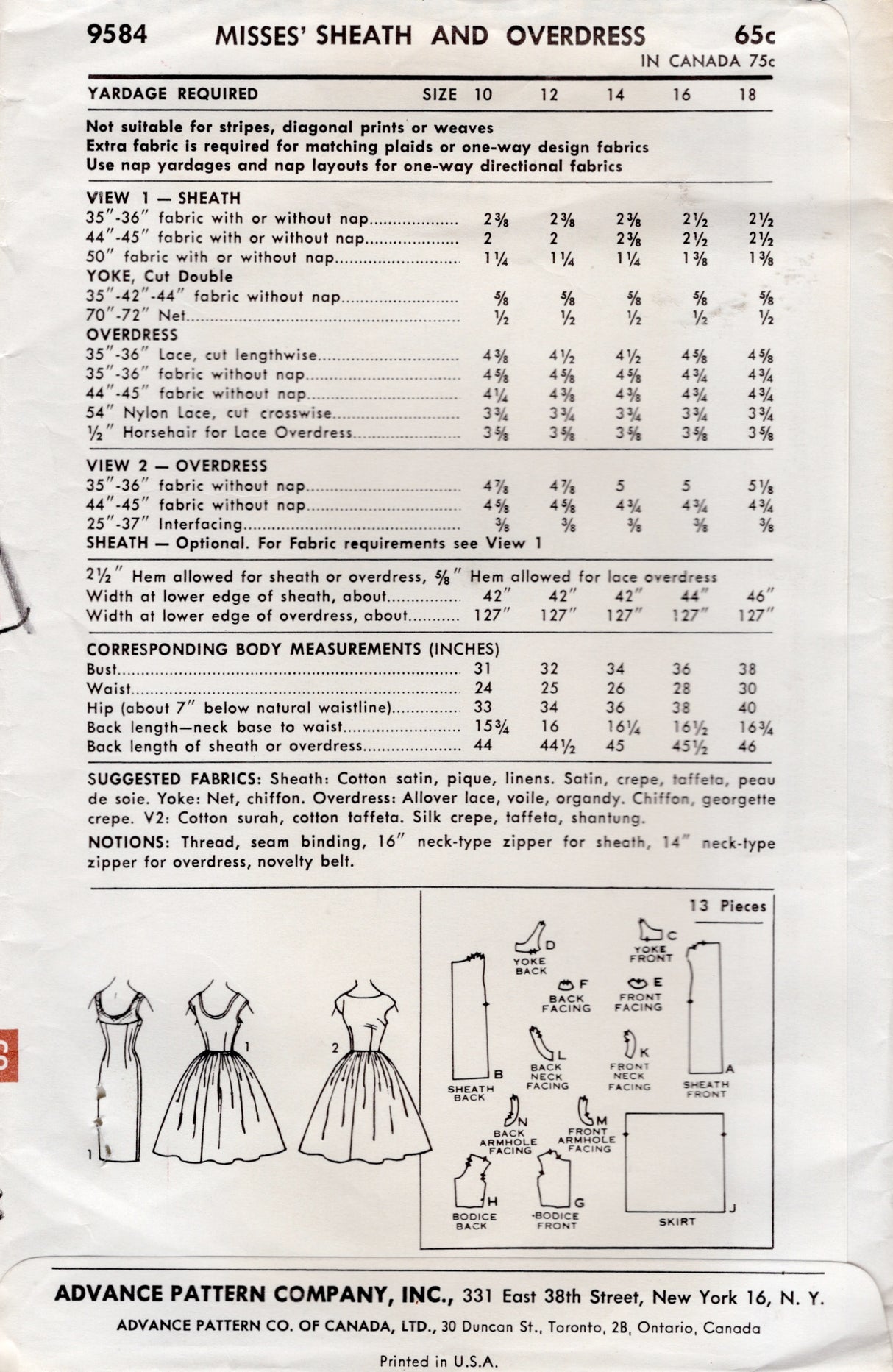 1960's Advance Sheath or Fit and Flare Dress Pattern – Bust 34” - No. 9584