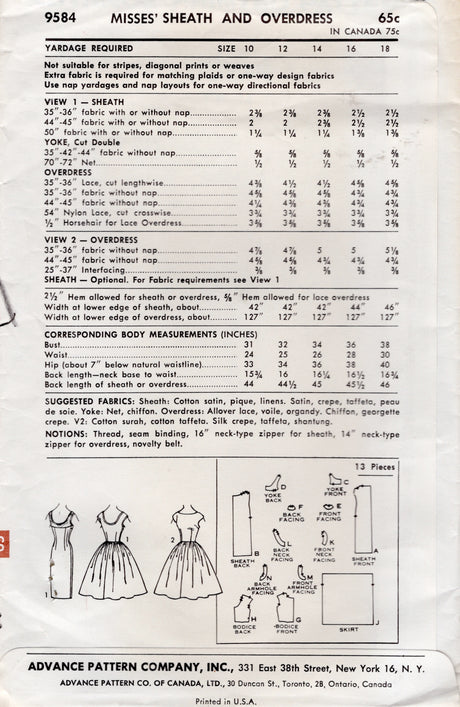 1960's Advance Sheath or Fit and Flare Dress Pattern – Bust 34” - No. 9584