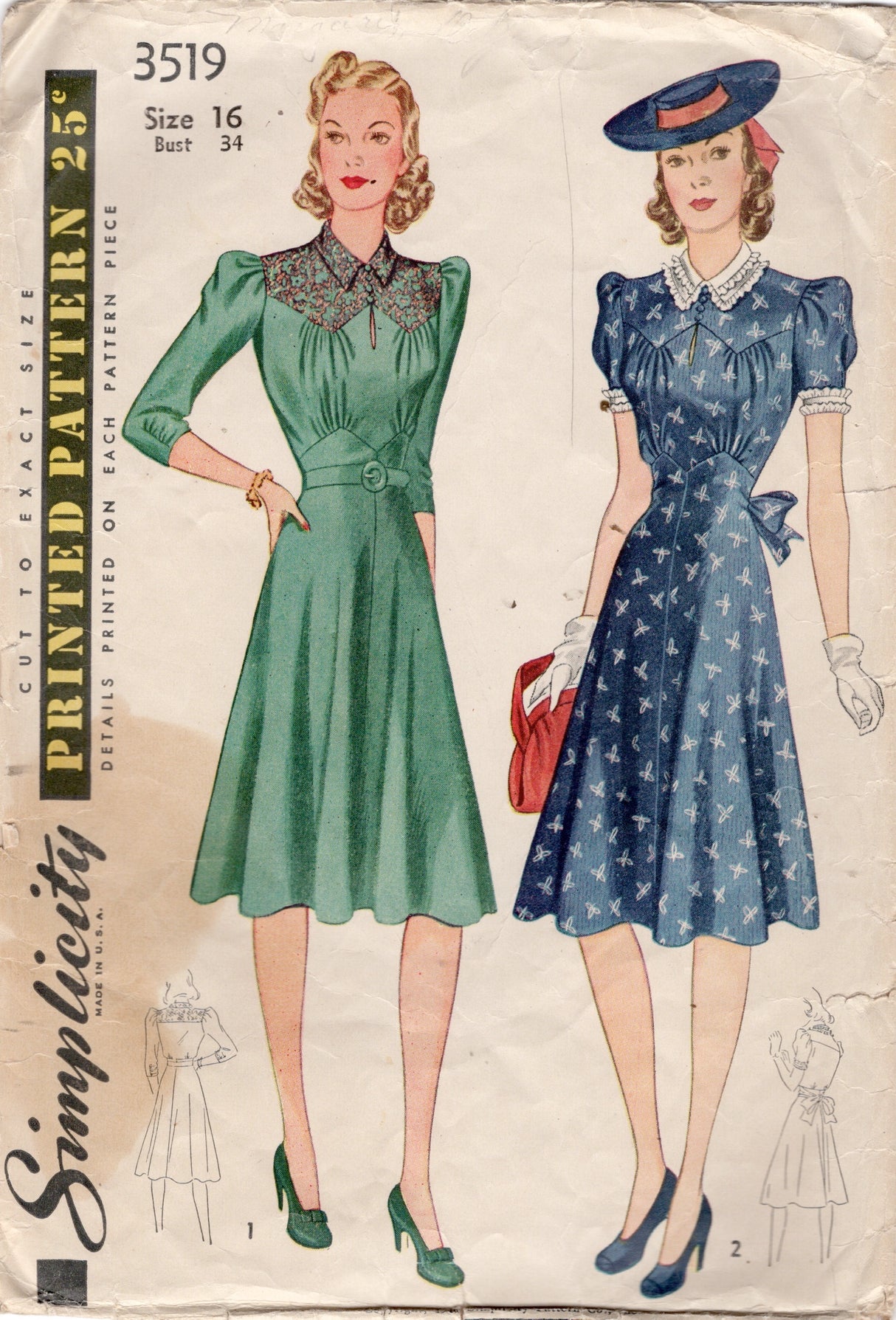 1940's Simplicity One Piece Yoked Dress with Slit Neckline and Raised Waistline - Bust 34" - No. 3519