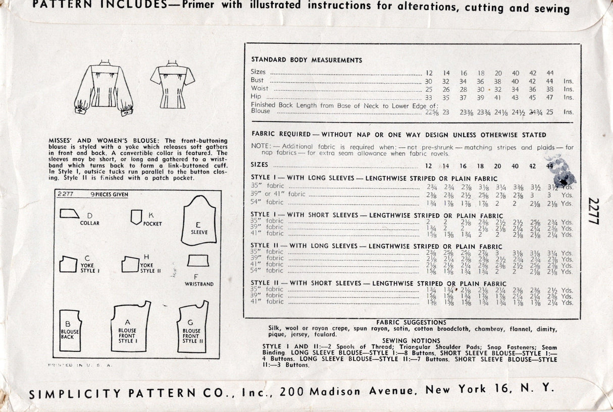 1940's Simplicity Blouse with pin-tucked front and Two Sleeve lengths - Bust 32" - No. 2277