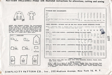 1940's Simplicity Blouse with pin-tucked front and Two Sleeve lengths - Bust 32" - No. 2277