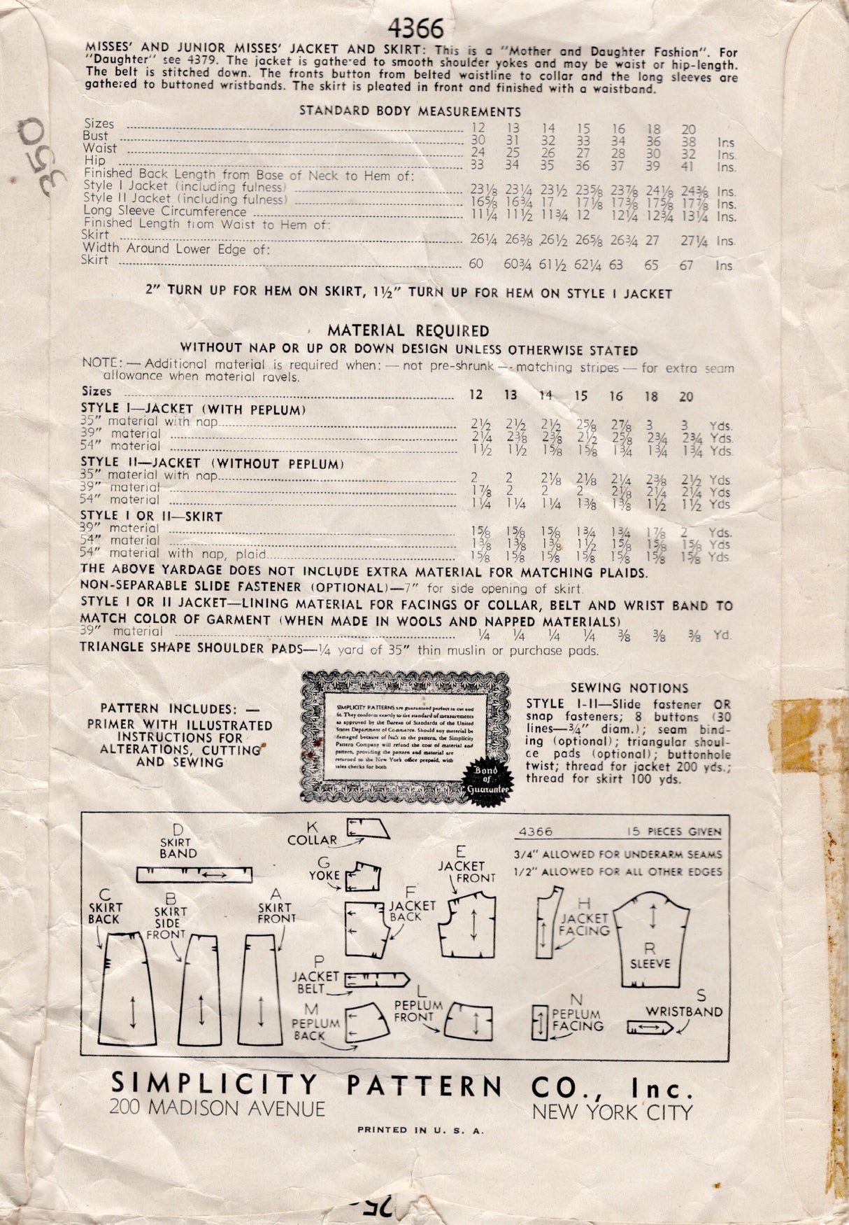 1940's Simplicity Jacket and Gored Skirt Pattern - Bust 34" - No. 4366