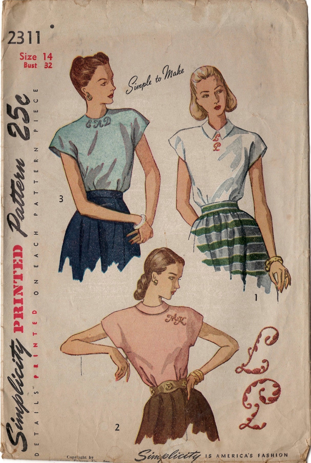 1940's Simplicity Blouse Pattern with or without Collar - Bust 32" - No. 2311