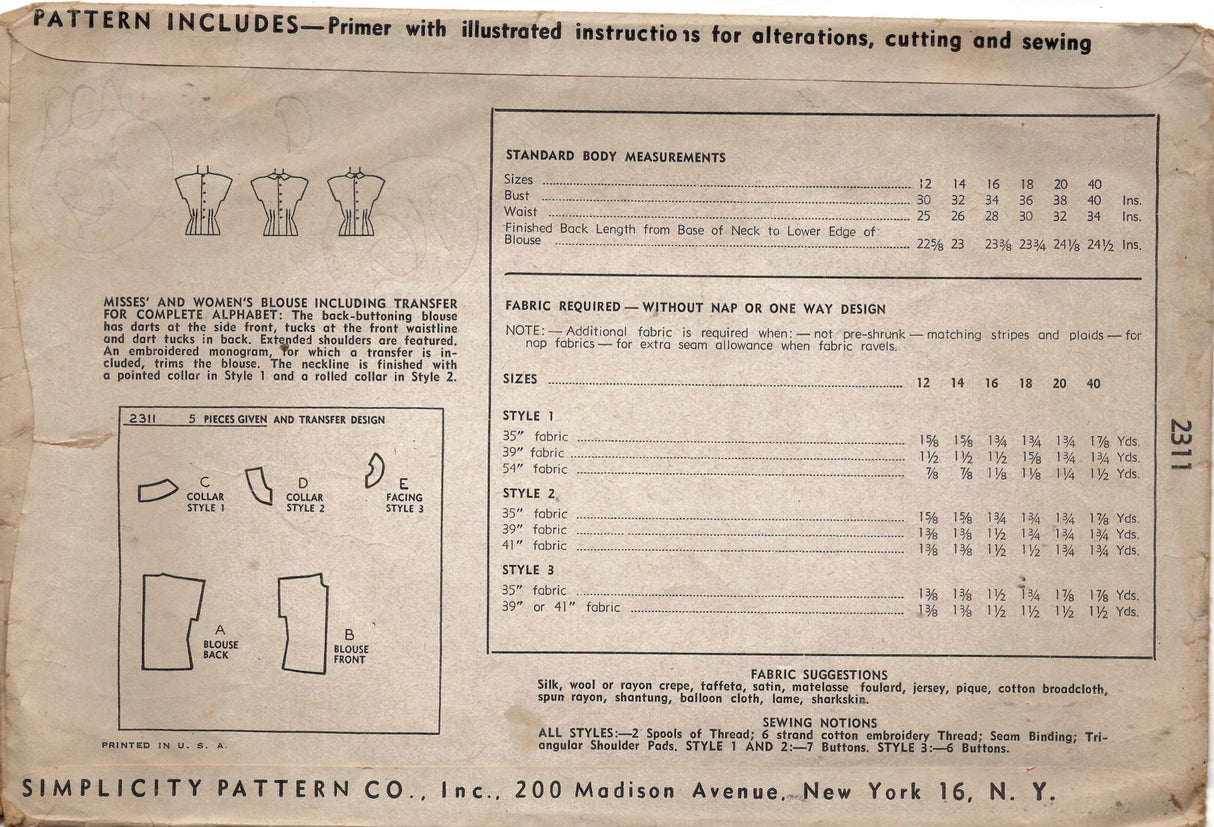 1940's Simplicity Blouse Pattern with or without Collar - Bust 32" - No. 2311