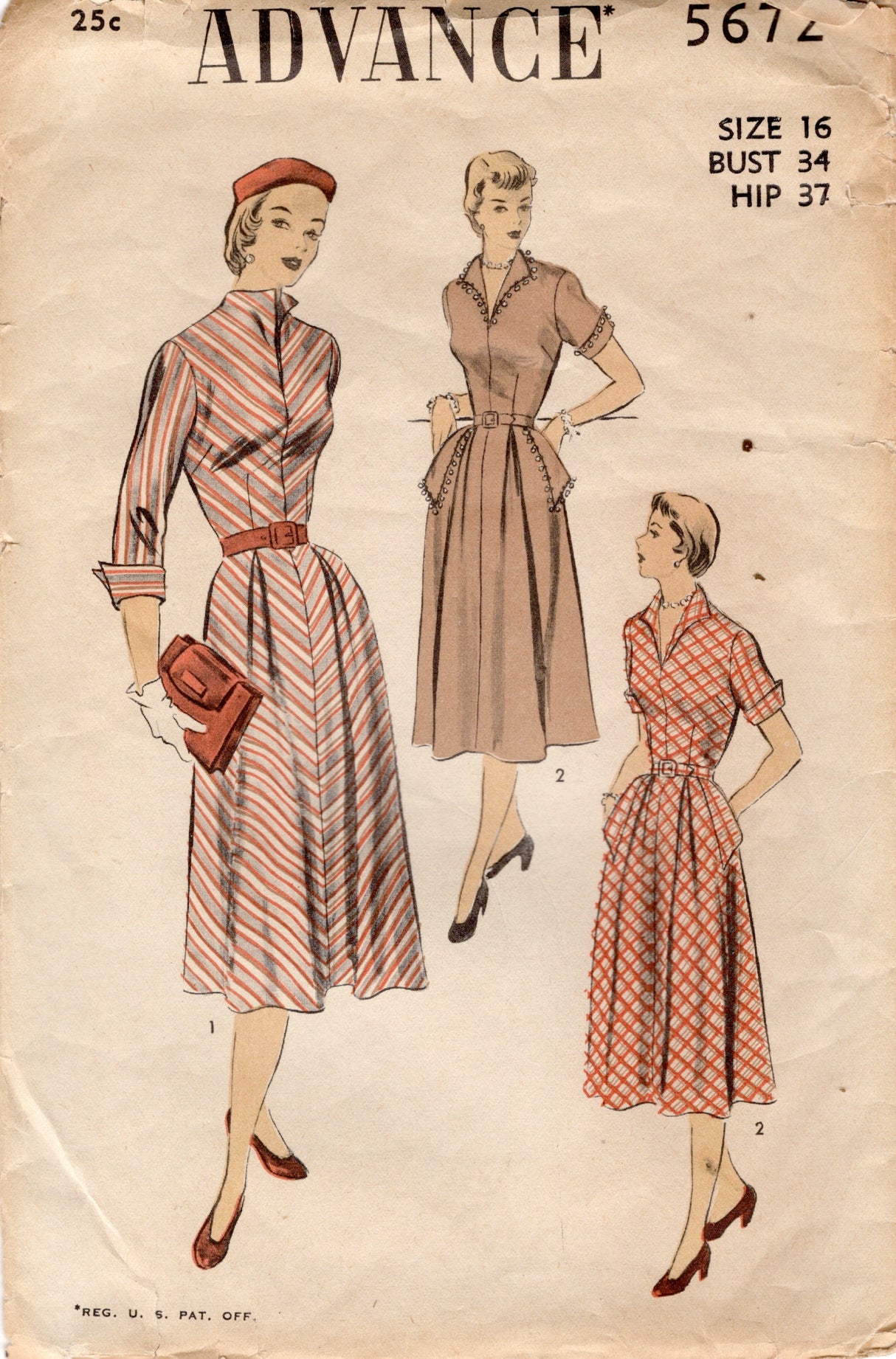 1950's Advance One Piece Dress Pattern with Pockets - Bust 34" - No. 5672