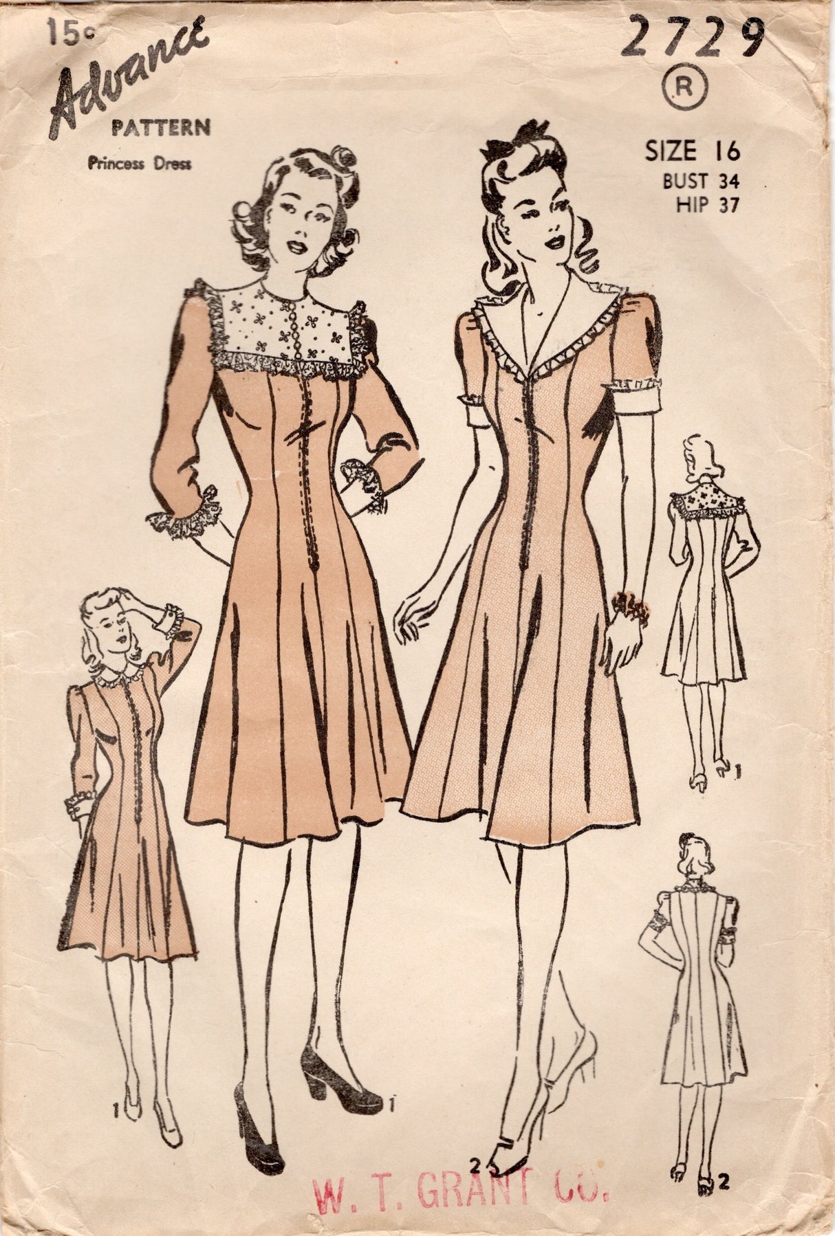 1940's Advance Zip Front Princess Line Dress with 3 styles of Collars - Bust 34" - No. 2729
