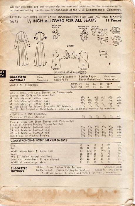 1950's Advance One Piece Dress Pattern with Pockets - Bust 34" - No. 5672